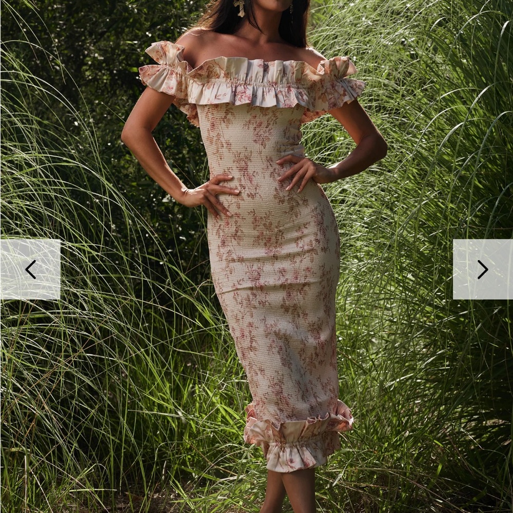 V. Chapman Floral Off-Shoulder Midi Dress - Pink and Cream